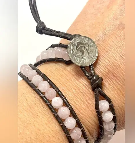 Genuine Leather and Rose Quartz Artisan Made Wrap Bracelet New Brown