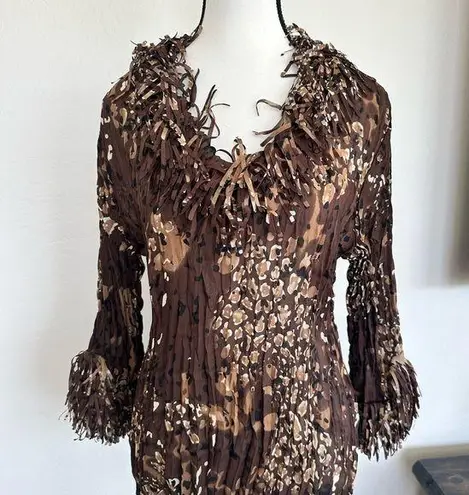 Agora Brown Tan Ruched Ruffled Blouse Size M