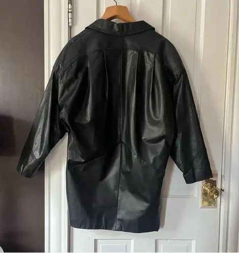 Vintage Leather Trench Jacket Puff Sleeve Button Front Black Oversized Large