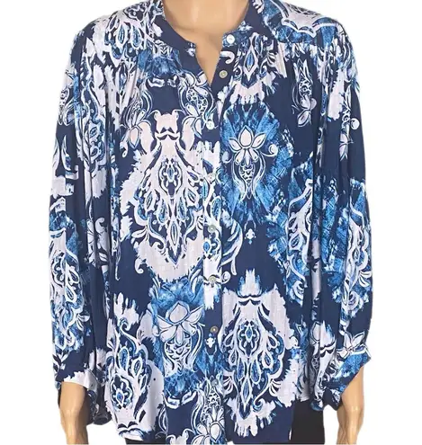 Haute Hippie shades of blue and white abstract Boho button down blouse Medium