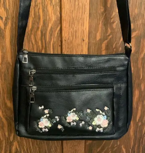 Boutique Embroidered black faux vegan leather crossbody bag NWOT