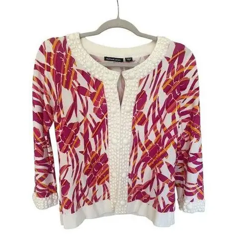 Michael Simon Beaded Pink White Cardigan Sweater Floral Beach Cruise Medium