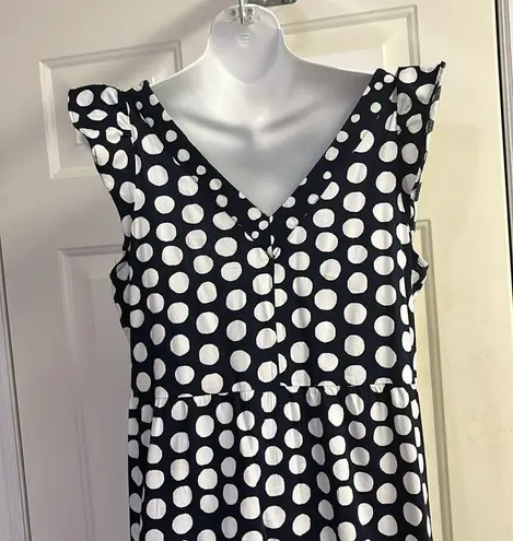 Loft  Navy White Polka Dot V-Neck Ruffled Flowy MIDI Dress- Medium