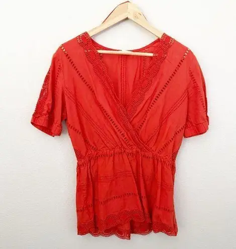 Caslon x NORDSTROM | Orange Eyelet Boho Cotton Lace Peplum Blouse | Medium
