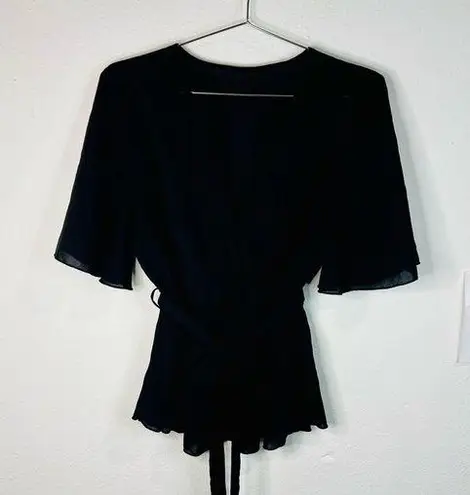 Chic Black Wrap Top with Belted Waist Boho Casual Flowy V