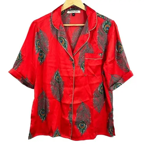 Their Nibs Red Peacock Feather Satin Pajama Set Button Top & Pants