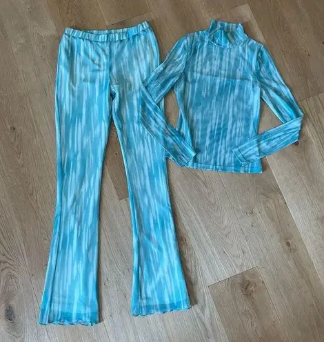 superdown  Mesh Mock Neck Top and Flare Pants in Aqua Stripe