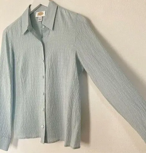 Talbots  Silk Blouse Size 2 Crinkle Textured Micro Stripe Button Up Collar Career