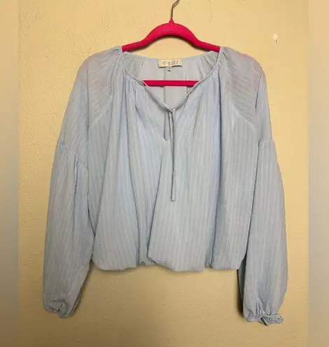 WAYF Pastel Blue Crepe Textured Long Blouson Sleeve Bubble Hem Cropped Blouse L