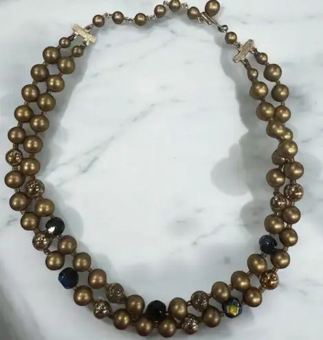 Vintage 3 Strand Gold Tone Beaded Choker Necklace Blue Beads