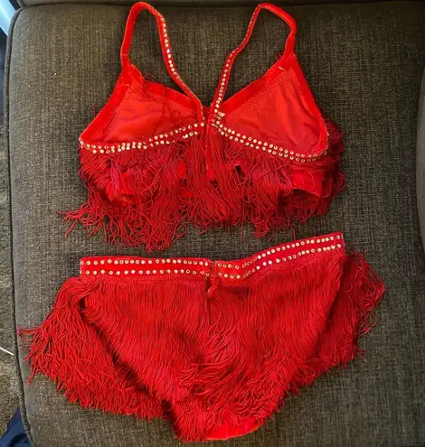Red velvet rhinestoned fringe 2 piece outfit / dance costume