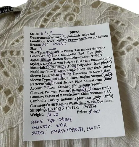 All Saints White Embroidered Lined A-line Dress Women Size 6 | 67-7