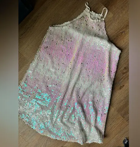 TCEC White and pink sequin halter high mini neck dress. Size small.