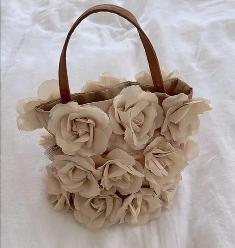 Vintage Roses on Satin Classic Taupe Mini Handbag Leather Handle Tan