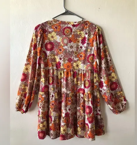 SAINTS 21 Womens Short Tiered Dress Size Small Retro Pattern Long Sleeves New