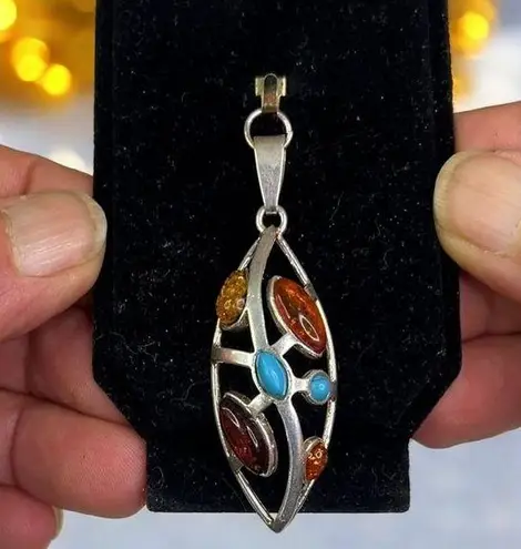 Galmorous Women's Silver Pendant With Multiple Baltic Amber Colored Stones Orange
