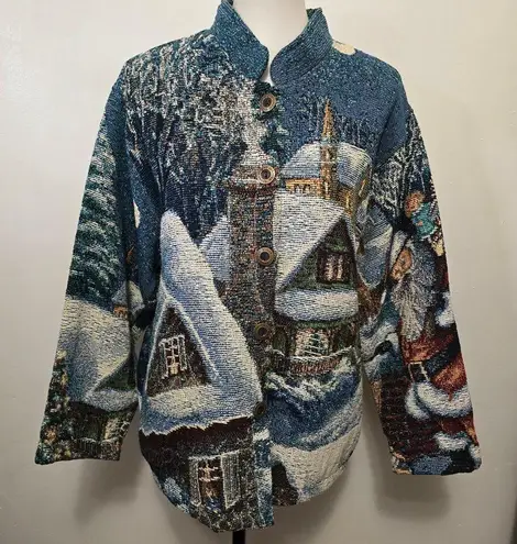 Vintage Sugar Street Weavers 90s Holiday Motif Woven Tapestry Jacket Size Large Blue