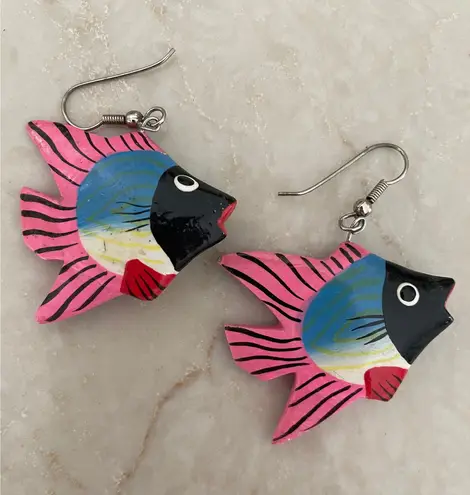 Funky Tropical Fish Dangle Drop Earrings Colorful Painted Wooden Quirky Pink