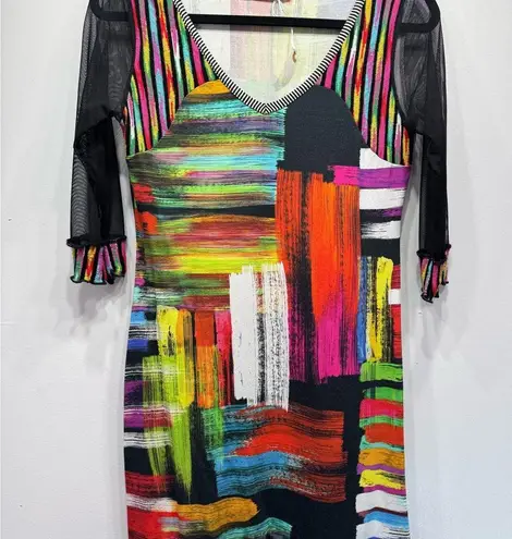 Olivier Philips Bright Colorful Paint Strokes Dress 3/4 Mesh Sleeves Art to Wear Size M