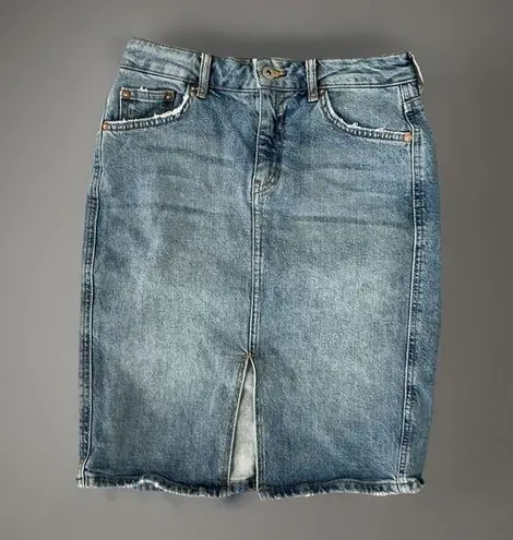 Pilcro and the Letterpress Pilcro Denim Skirt Pencil Distressed Fray Hem Stretch Blue Size 2