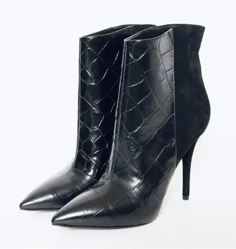 Brian Atwood  Black Suede Embossed Croc Leather Pointed Toe Heel ankle Bootie