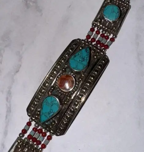 Vintage Native American Silver Hand Made Turquoise Coral Beaded Bracelet RARE Blue