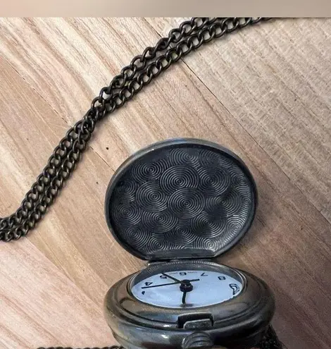 Small Body Gold Tone Pocket Watch and Link Chain Vintage Decorative Scroll Work