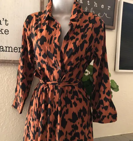 Cheetah leopard animal print classy button up down maxi shirt dress cinched waist and belt Multi