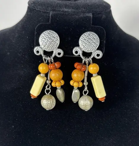 Vintage Robert Rose Orange Silver Boho Tribal Aztec Dangle Earrings