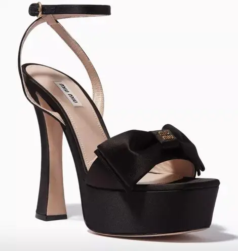 Miu Miu  Logo Bow 135 Platform Heel Sandals in Black Satin