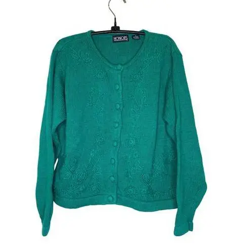 Vintage Floral Embroidered Teal Cardigan Sweater EUC Sz M Button Down Knitted Size M