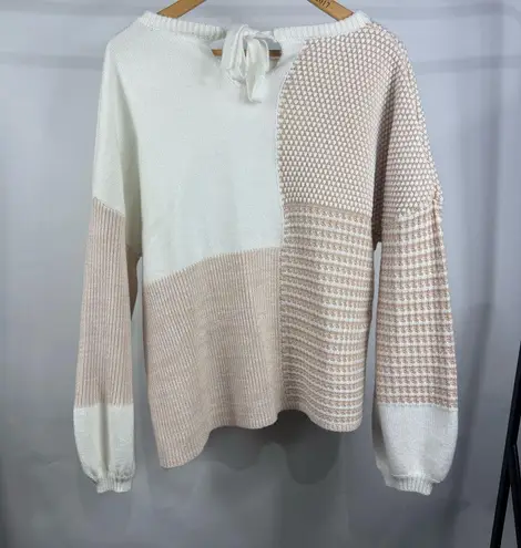 Oatmeal Mixed Pattern Knit Tie Keyhole Drop Shoulder Sweater Size Large Tan