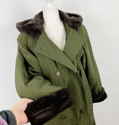 Larry Levine VTG Double Breasted Maxi Long Trench Coat Green Hooded faux Fur M