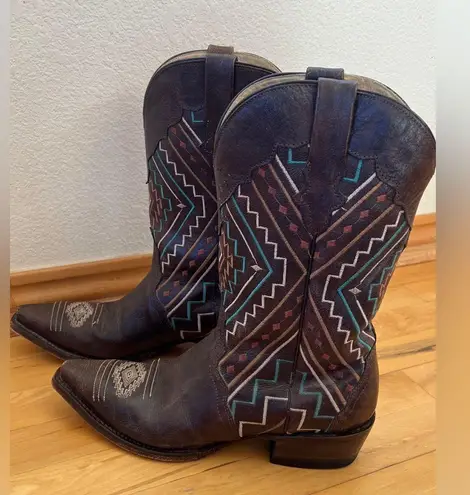 Roper Aztec Embroidered Neon Southwestern Women's Western Boots Leather Size 10 Brown
