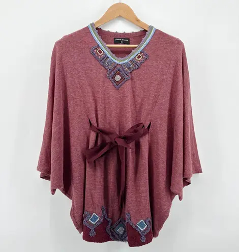 Sacred Threads Poncho Tunic Boho Embroidered Tribal Belted Burgundy Size Small - Image 1