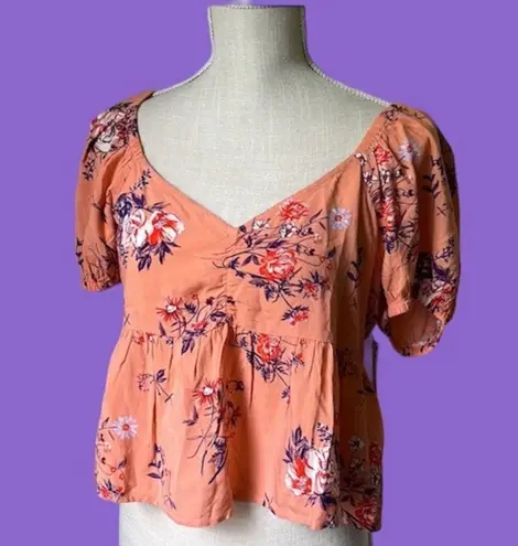 Abound NWT  Orange Floral Print Puff Sleeve Top Size Medium