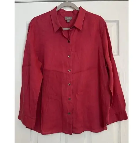 J. Jill Linen Blouse Sz LG Red Long Sleeve Lightweight Preppy Classic Staple EUC