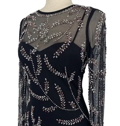 AQUA Floral Sequin Mesh Overlay Long Sleeve Mini Dress Size 2 Black