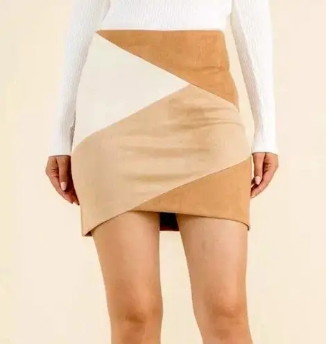 THML Suede Colorblock Mini Skirt in Tan/Cream