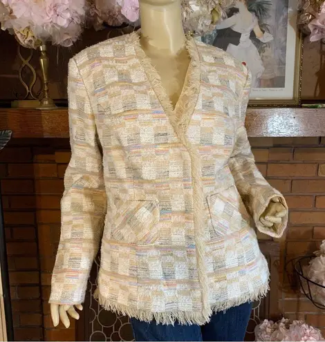 Newport News "EASY STYLE" CREAM, TAN, BLUE & PINK PASTEL FRINGE BLAZER (12)