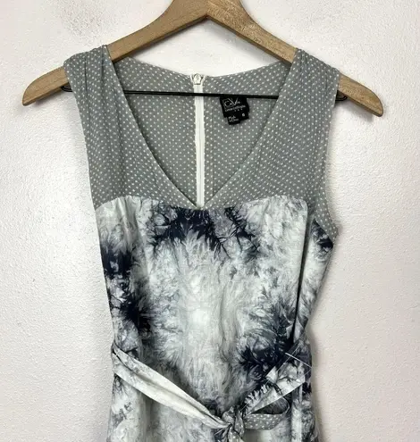 CoVelo Artsy Linen Blend Dress Womens Sz. 6 Layered Tie Die Waist Tie Gray White