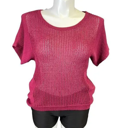 a.n.a  Womens Sweater Shirt Top Short Sleeve Loose Knit Crochet Pullover Red Large