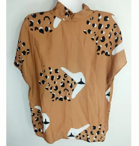 Hutch Women's Leopard Printed V-Neck Short Sleeve Blouse Tops Brown Size XL