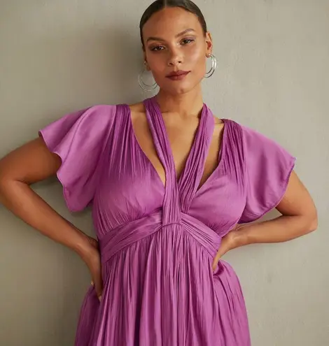 Anthropologie | Vibrant Purple Satin Finish Mini Dress with Deep V-Neckline