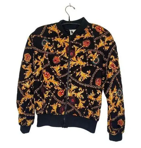 First Option Vintage Status Print Quilted Zipper Jacket EUC Sz M Rayon Gold Blk Size M