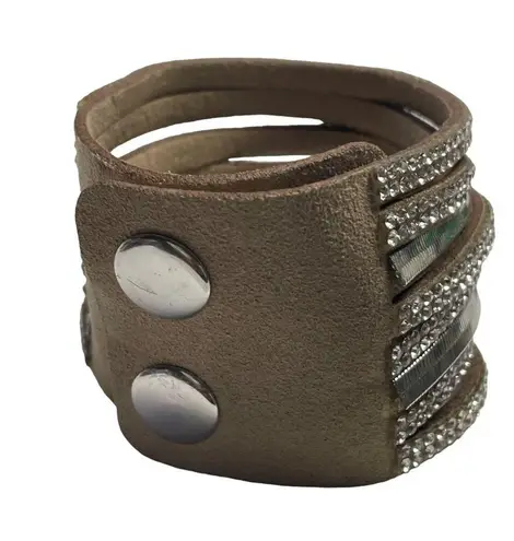 Wide Leather Cuff Bracelet Rhinestones Double Snap Closure Adjustable Fit u Fash Silver