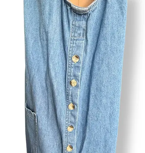 Vintage Quacker Factory Denim Jumper Midi Dress Plus 2X Yellow Floral Embroidery Blue