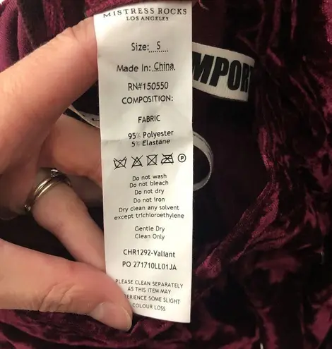 Mistress Rocks Valiant Burgundy Crushed Velvet Side Snap Pants Small