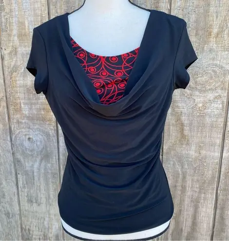 carole little Black Drape Front Red Underlay Blouse Size M