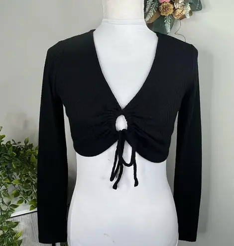 Elodie Black Knit Super Cropped Keyhole Top long Sleeve NEW Size XS